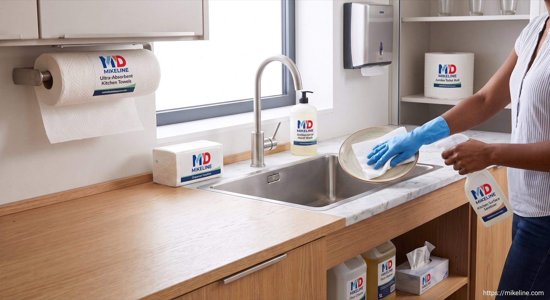 Mikeline paper and cleaning products used in a modern kitchen